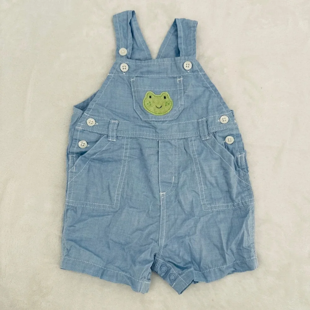 Carter's Baby Shortalls Size 9 Months Blue Chambray Frog Retro Romper Overalls